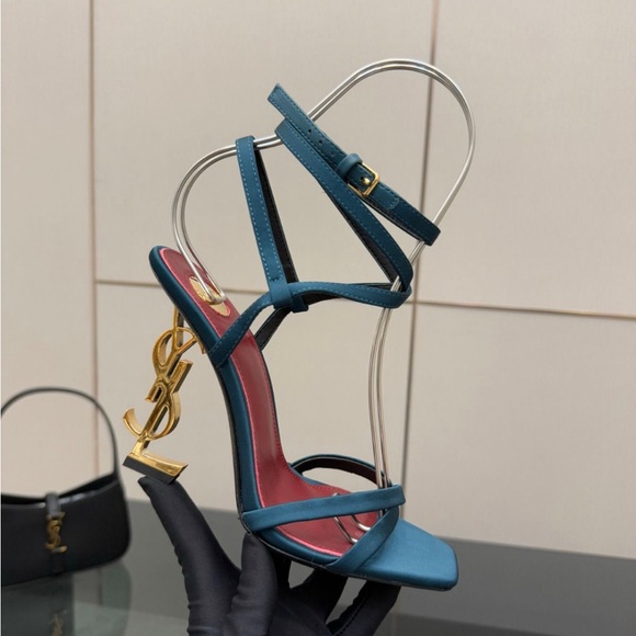 Saint Laurent Teal and Burgundy Strappy Heels - Picture 2 of 2